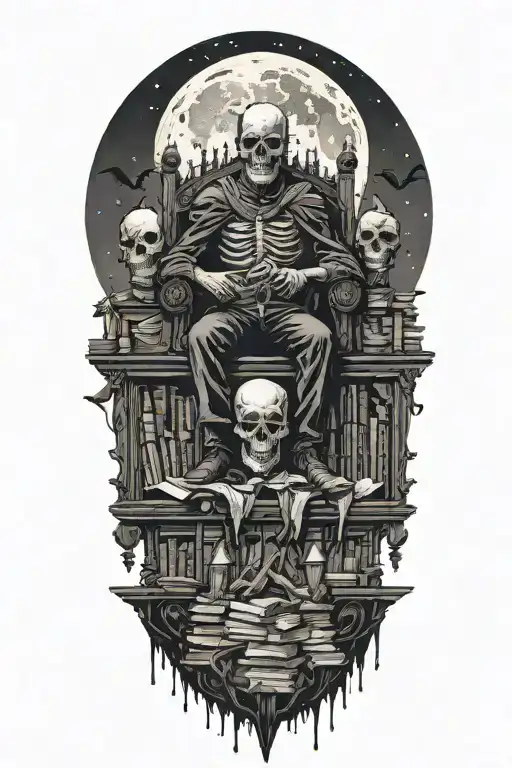 A dark figure sitting on a throne of books and skull. Full moon above. Bats flying. tattoo design idea