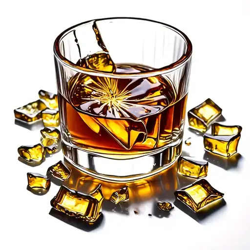 Empty glass of broken whiskey with pieces of glass on the table tattoo design idea