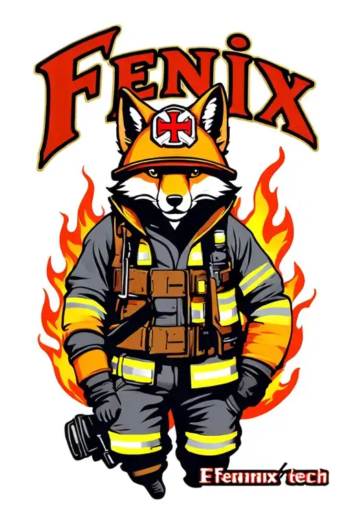 "Fenix Defense Tech" "Fenix Defense Tech" Fox wearing firefighter gear, surrounded by flames. Helmet has maltese cross fire symbol. tattoo design idea