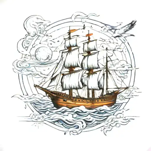 grey ships traveling west, pale moon, white gulls, lord of the rings style map. tattoo design idea