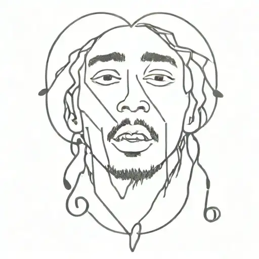 Bob Marley's face with 3D eyes surrounded by a heart made of musical notes tattoo design idea