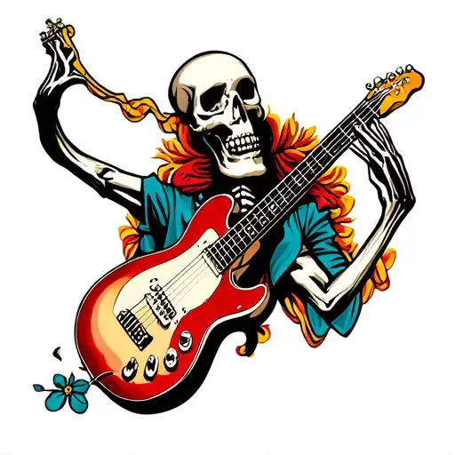 skeleton with electric guitar tattoo design idea