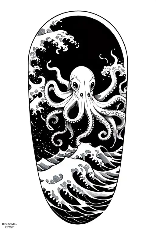 Black and white, turbulent waves on the arm. On the chest is an octopus emerging from the waves. Above the oct tattoo design idea