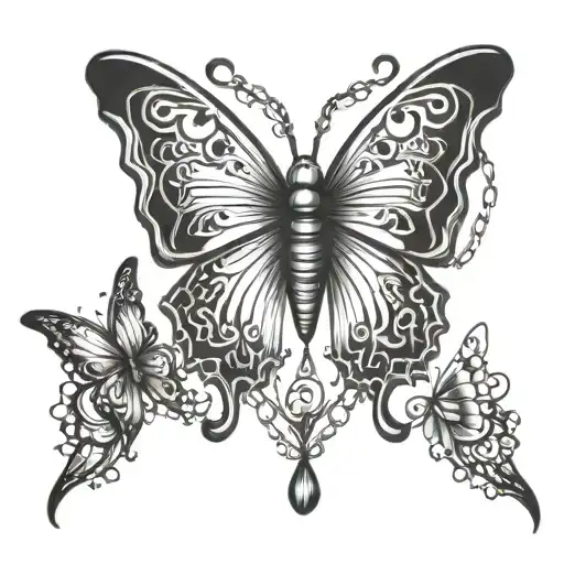 butterfly effect chain around his neck down to butterfly pendant  tattoo design idea