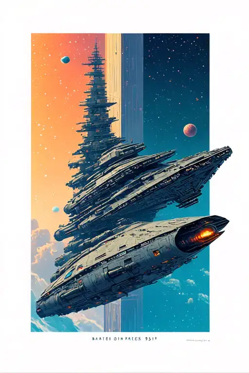 tall narrow rectangular space scene with a homeworld style ship sideways in the foreground that extends beyond the edge. tattoo design idea