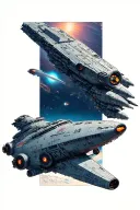 tall narrow rectangular space scene with a homeworld style ship sideways in the foreground that extends beyond the edge. tattoo design idea