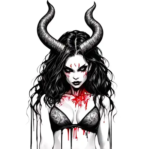 Sexy girl Demon, with horns, in thongs, face in the blood, shows the fact, in underwear tattoo design idea