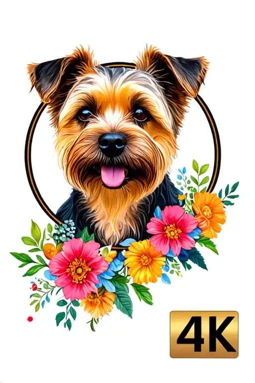 Circle flower border terrier dog tattoo design idea