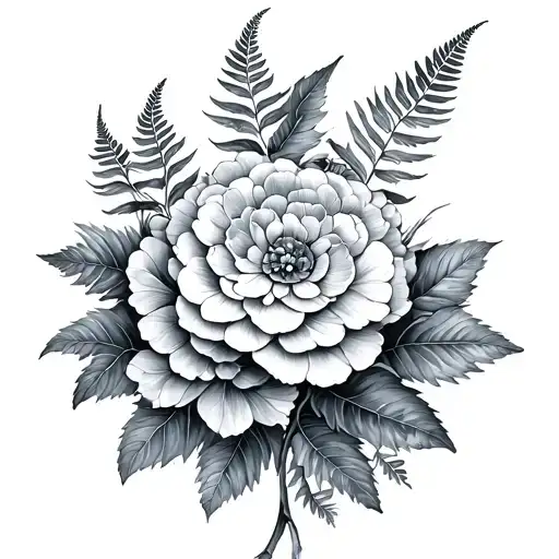 Fern, hydrangea, ranunculus tattoo design idea