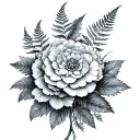 Fern, hydrangea, ranunculus tattoo design idea