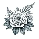 Fern, hydrangea, ranunculus tattoo design idea