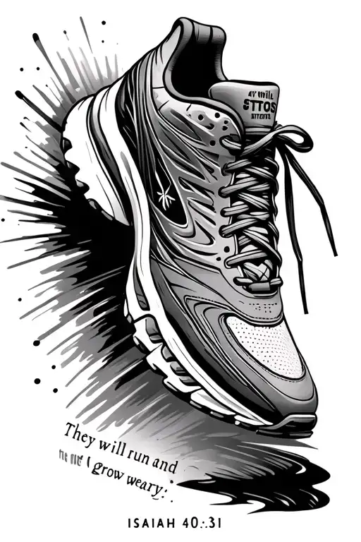 A running shoe with the words "They will run and not grow weary; Isaiah 40:31" inside tattoo design idea