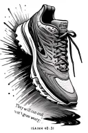 A running shoe with the words "They will run and not grow weary; Isaiah 40:31" inside tattoo design idea
