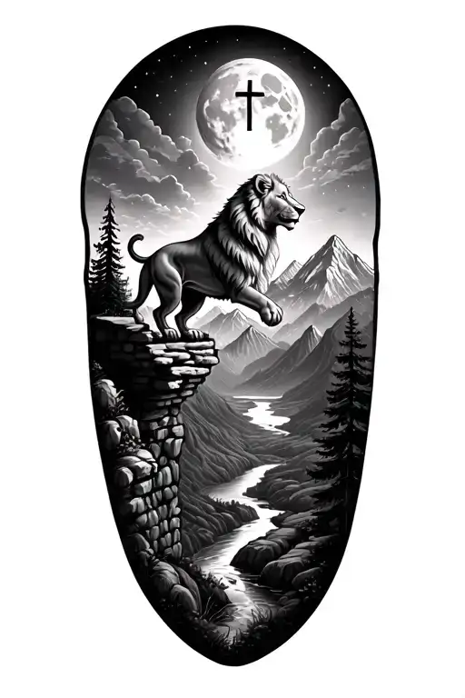 I want a Christian themed tattoo with a lion on top of a ledge surrounded by mountains overlooking a valley with a moon, tattoo design idea