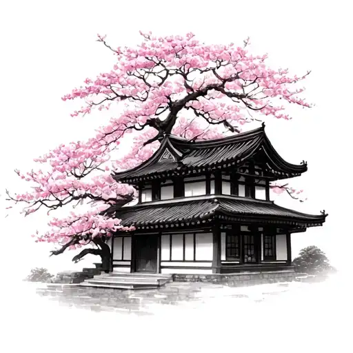 japanese building with cherry blossom and then blended with madonna of bruges tattoo design idea