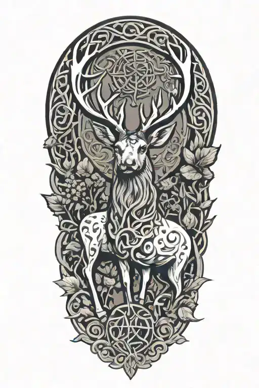 Celtic stag, thistle, woodland scene tattoo design idea