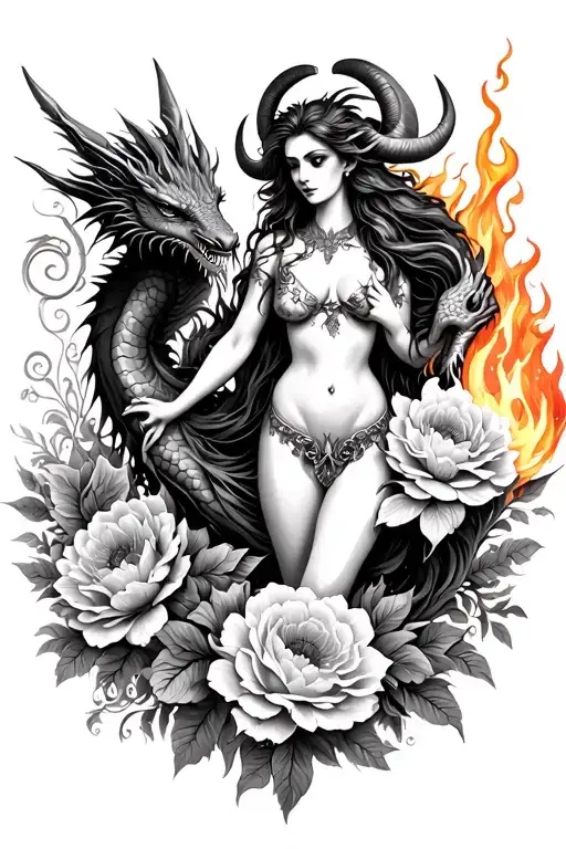 Aries sexy goddess surrounded by poeny flowers and dragons holding fire tattoo design idea