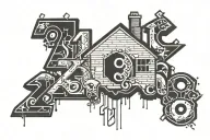 the numbers 391 in graffiti-style font, with an elongated Russian panel house in the background. tattoo design idea