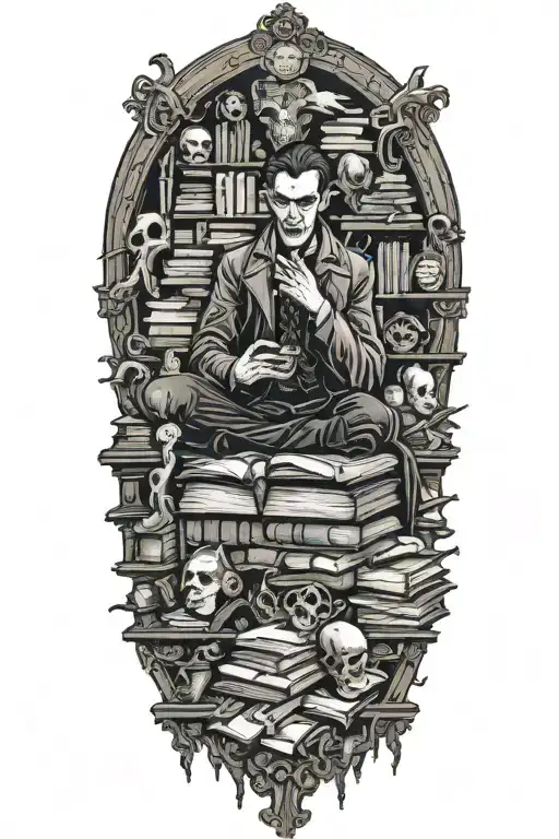 A vampire sitting amongst a pile of corpses and books. Occultism, tortured souls tattoo design idea