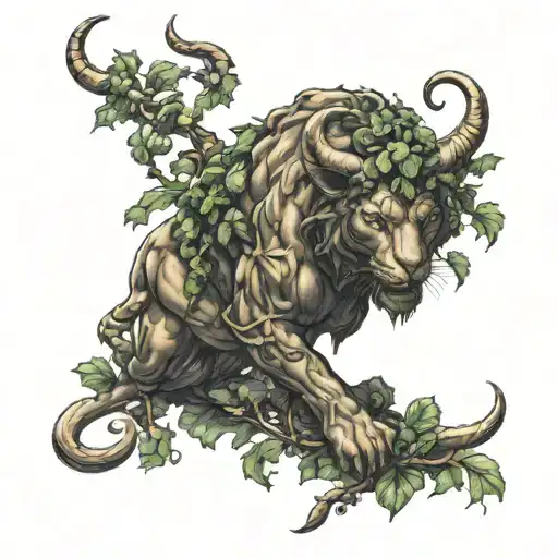 dionysus with ivy vine wrapped around leg panther print loin cloth holding thyrsus  and has minotaur horns  tattoo design idea
