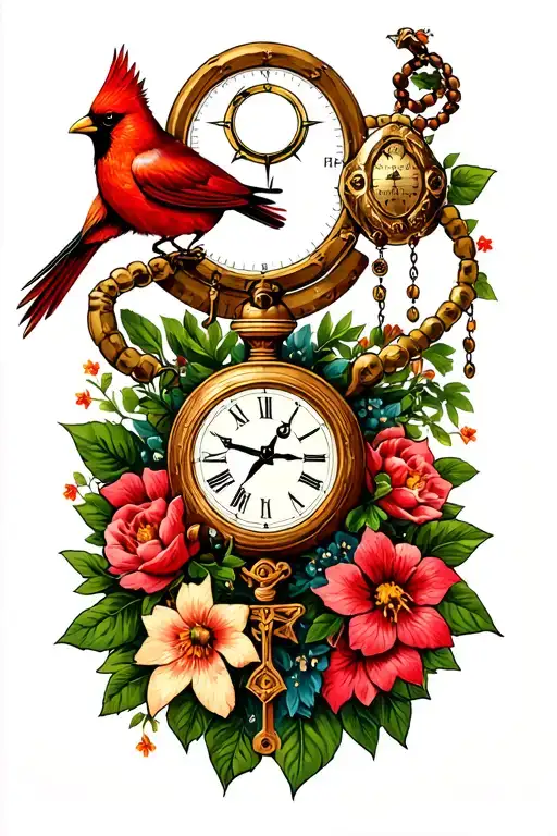 clock, cardinal, flowers, rosary, claddagh, compass, tree, bible  tattoo design idea