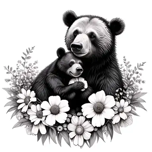 mama bear and baby bear touching noses inside ring of flowers (daisy, daffodil, and poppy)  tattoo design idea
