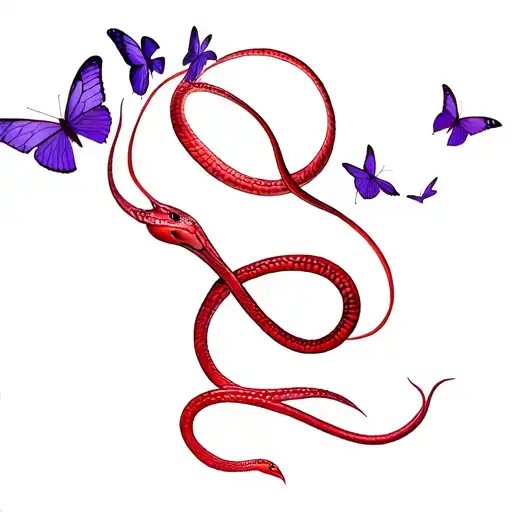 red snake with purple butterflies flying around tattoo design idea