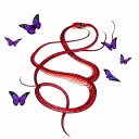red snake with purple butterflies flying around tattoo design idea