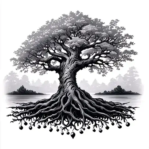 Tree of life between breasts tattoo design idea