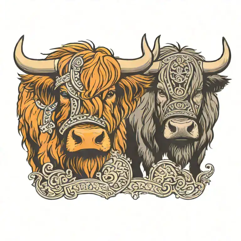 highland cow wearing a viking helmet touching noses with another highland cow with a shield tattoo design idea