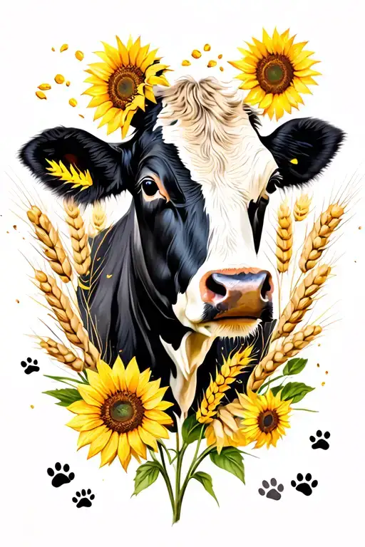 tattoo half sleeve with black/white cow close to back shoulder, sunflower heads, aster heads, wheat, 3 paw prints, and a tattoo design idea