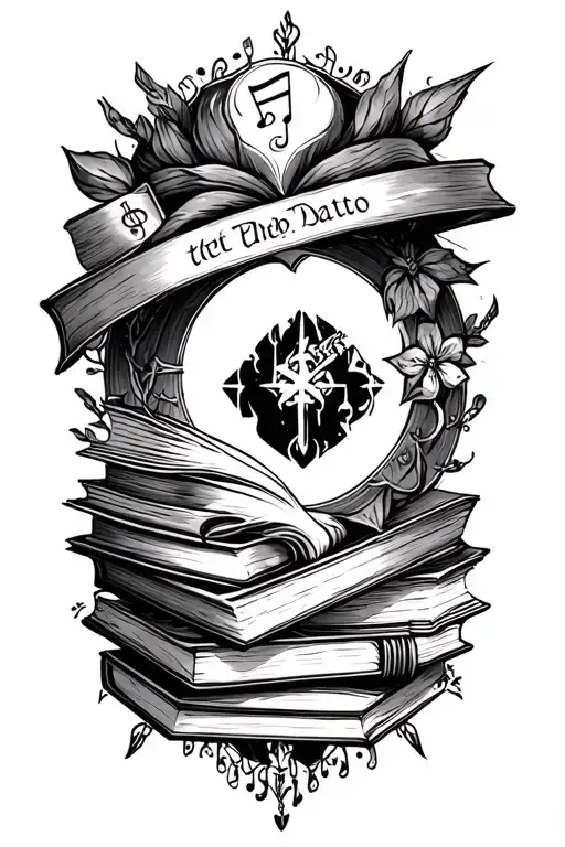 tattoo band around forearm, must include books, music staff, something involving zelda  tattoo design idea