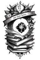 tattoo band around forearm, must include books, music staff, something involving zelda  tattoo design idea
