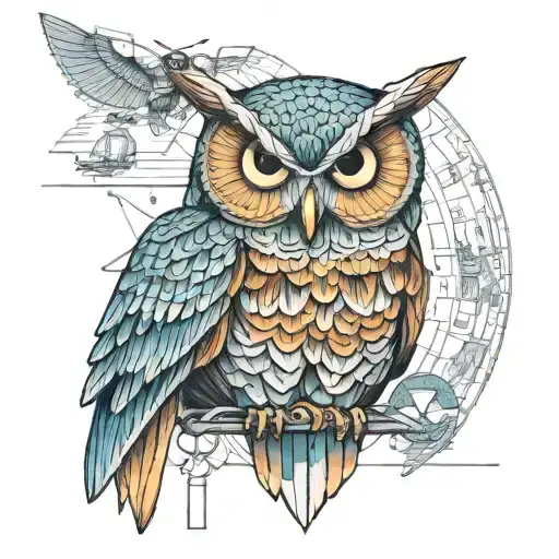 I want a colorful owl wearing a ww2 outfit sitting on top of a blueprint of the USS midway aircraft carrier tattoo design idea