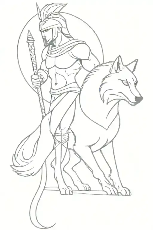 spartan warrior with a wolf and lua tattoo design idea