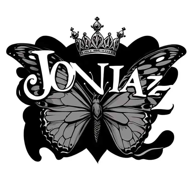 "Jonia        Rez" butterfly and crowns symbolizing royalty tattoo design idea