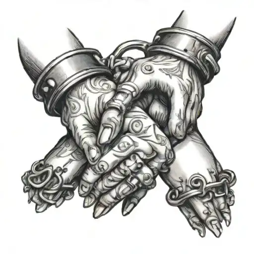 thin female hands in metal cuffs tattoo design idea