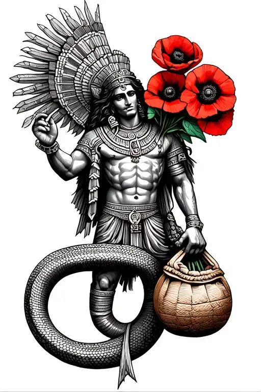 An Aztec-inspired design featuring a god figure with a serpent body, holding a bag of money and a bouquet of poppies, symbolizing wealth and power in the criminal underworld tattoo design idea