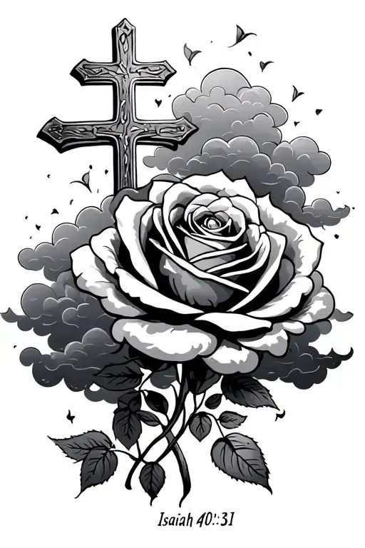 clouds, cross, rose, Isaiah 40:31 bible verse written tattoo design idea