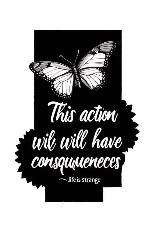 small quote saying "this action will have consequences" and a small butterfly from life is strange  tattoo design idea