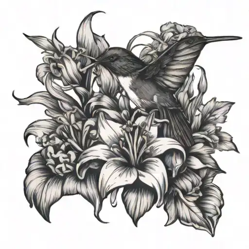 hummingbird with aster flower gladiolus flower violet flower narcissus flower forget me not flowers  tattoo design idea