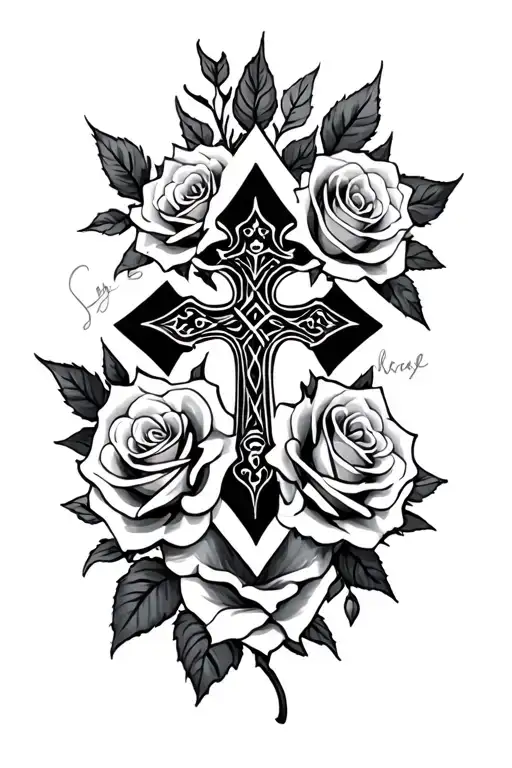 cross and roses tattoo design idea