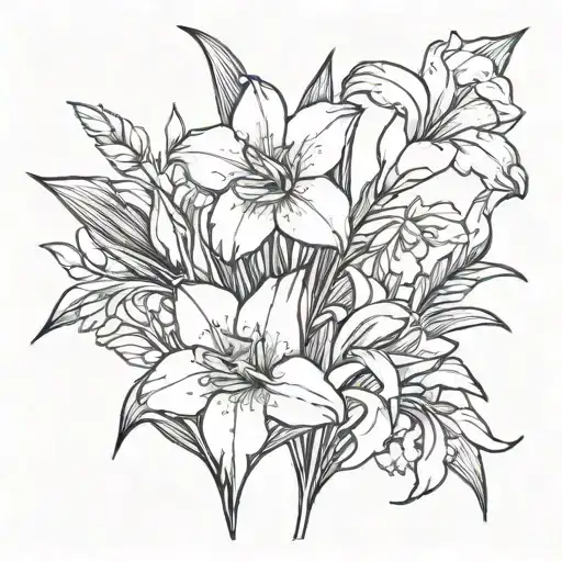 gladiolus, narcissus, carnation, snowdrop, and violet flower bouquet tattoo design idea