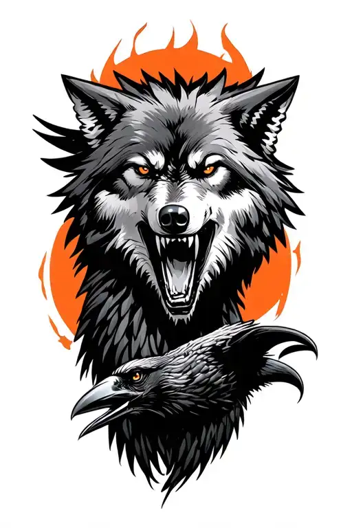 angry wolf and raven soaring tattoo design idea