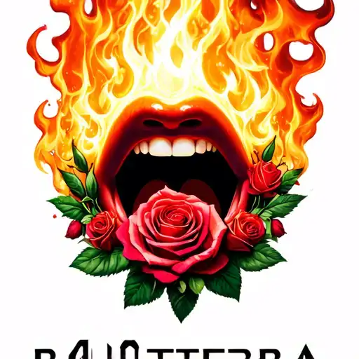 "PANTERA" "PANTERA" An abstract design of a mouth breathing out fire with roses blooming from the flames tattoo design idea