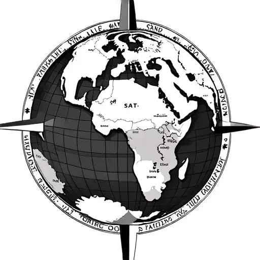 globe with texas gulf coast, on compass rose surrounded, with SAT across the globe tattoo design idea