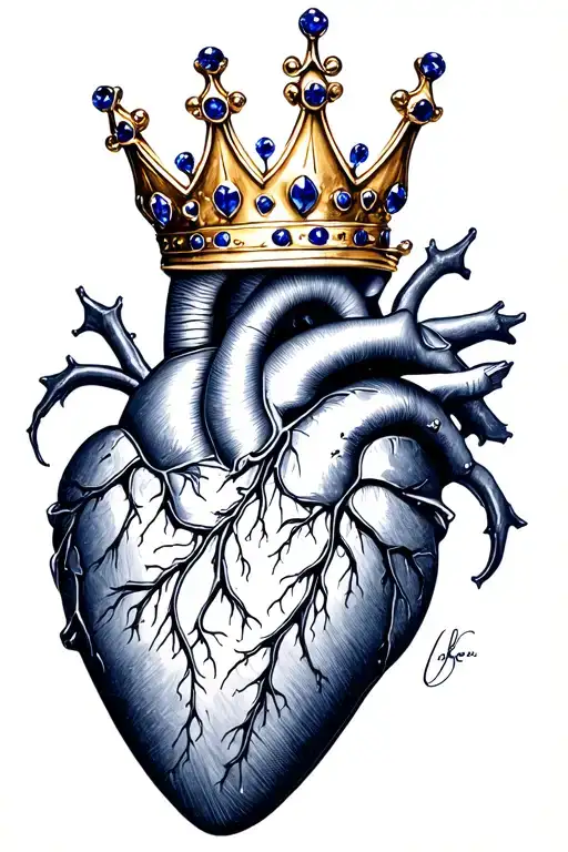 human heart wearing sapphire gold crown tattoo design idea