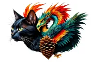 black cat and double-headed phoenix and pine cone and dragon and arundo donax tattoo design idea