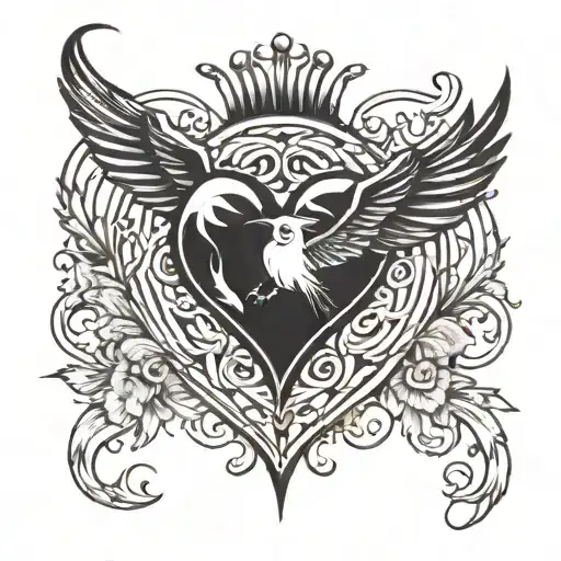black heart ignited by fire and little bird flying away tattoo design idea