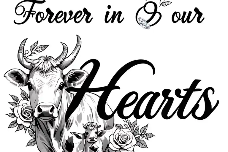 "Forever in our Hearts "  "  " diamonds and roses cow and baby cow  tattoo design idea